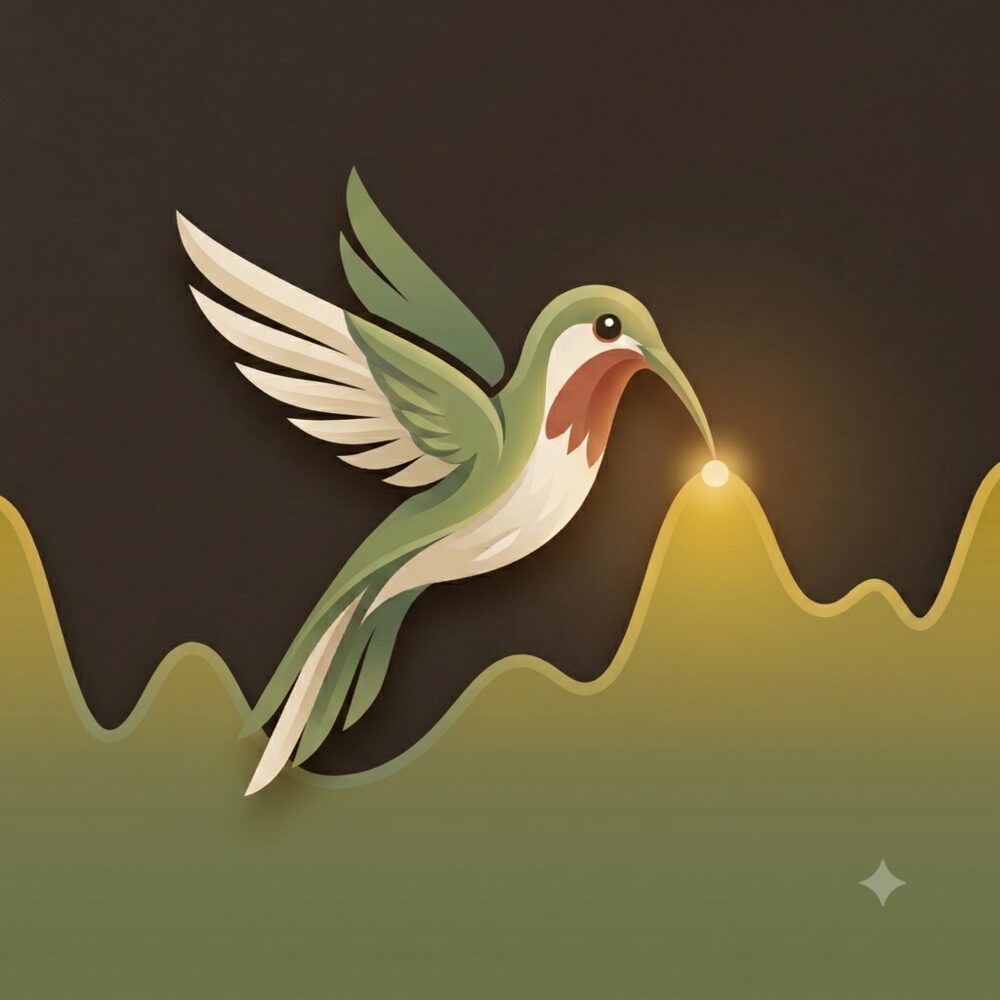 A hummingbird sips from the peak of a glucose curve rising over green hills.