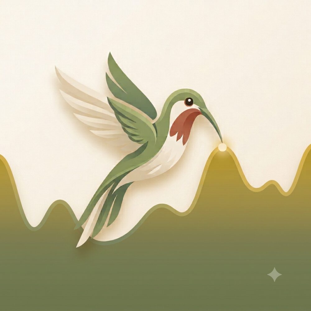 A hummingbird sips from the peak of a glucose curve rising over green hills.